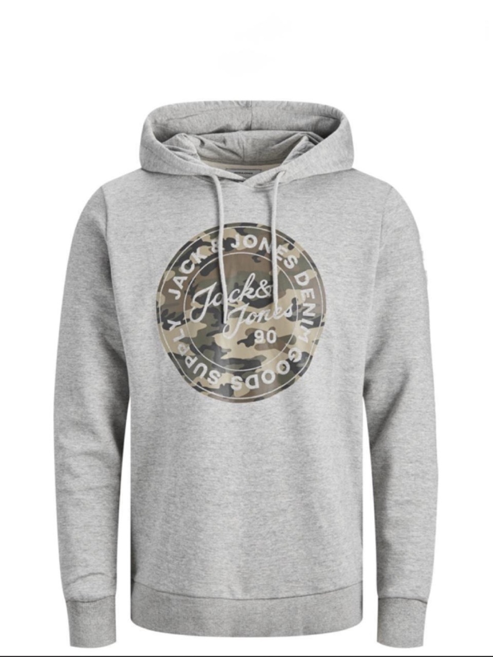 Jack & Jones Light Grey Hoodie with Camo Logo Patch